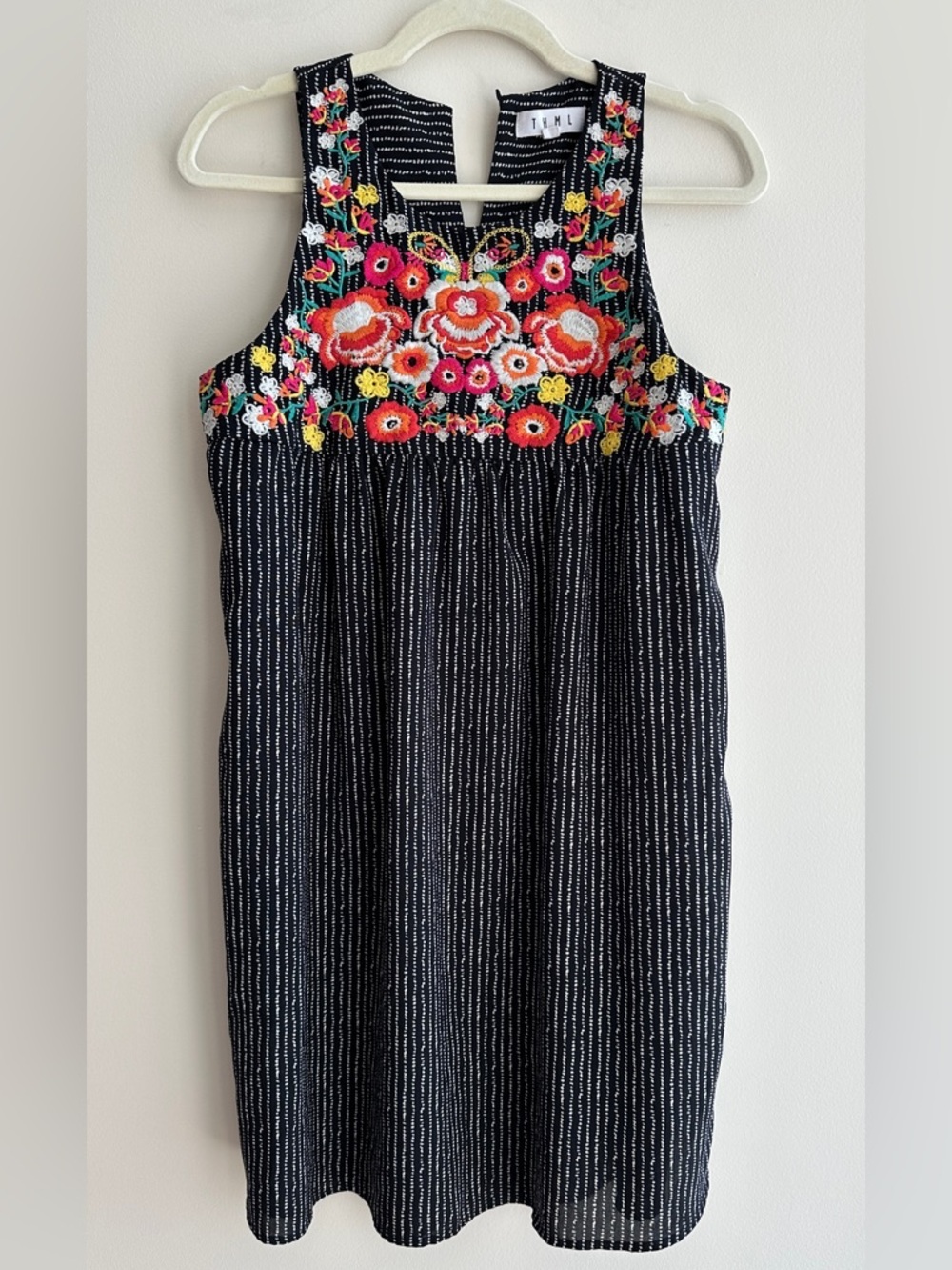 THML Floral Embroidered Black and White Mini Shift Dress, Size Small